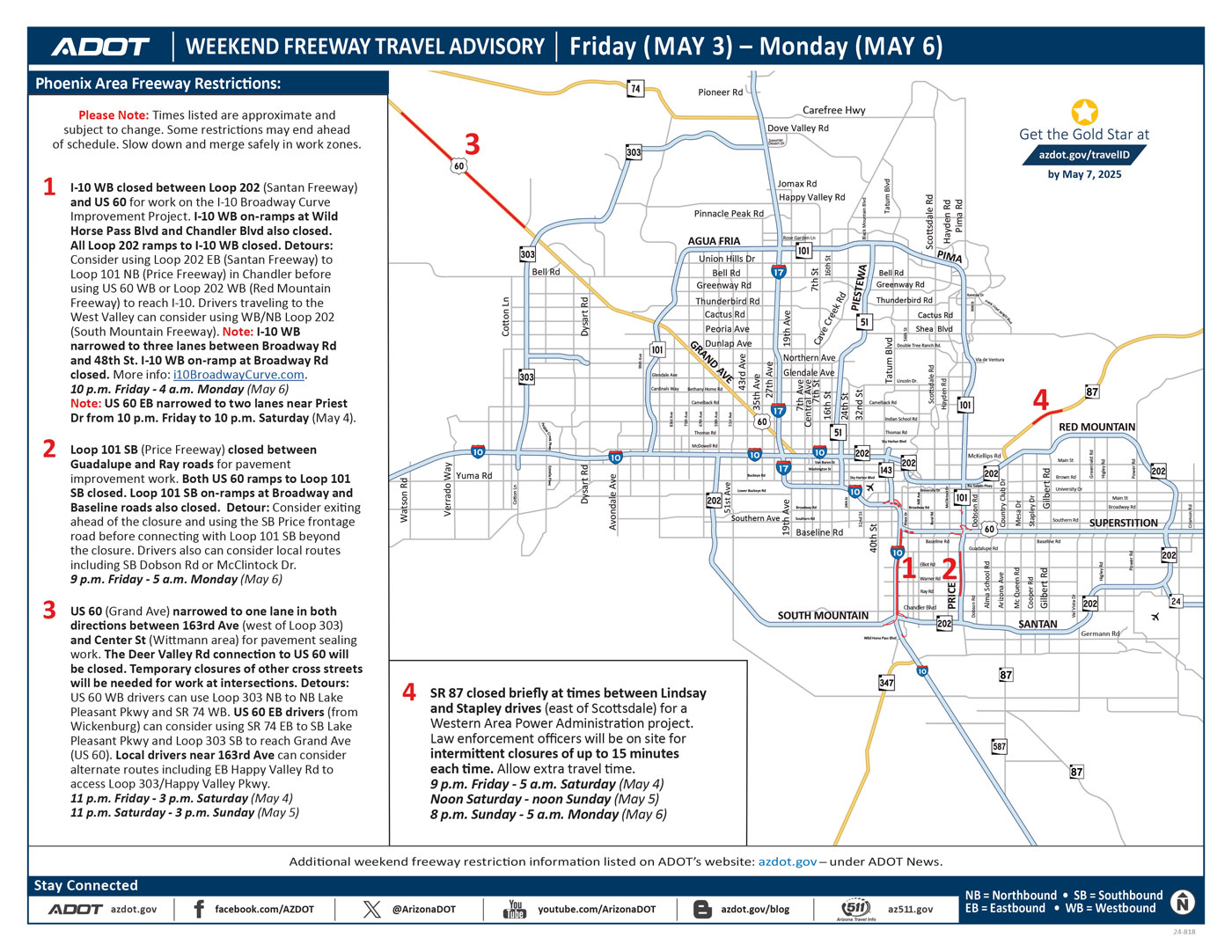 ADOT's Weekend Freeway Travel Advisory Map (May 3-6, '24) Phoenix Area
